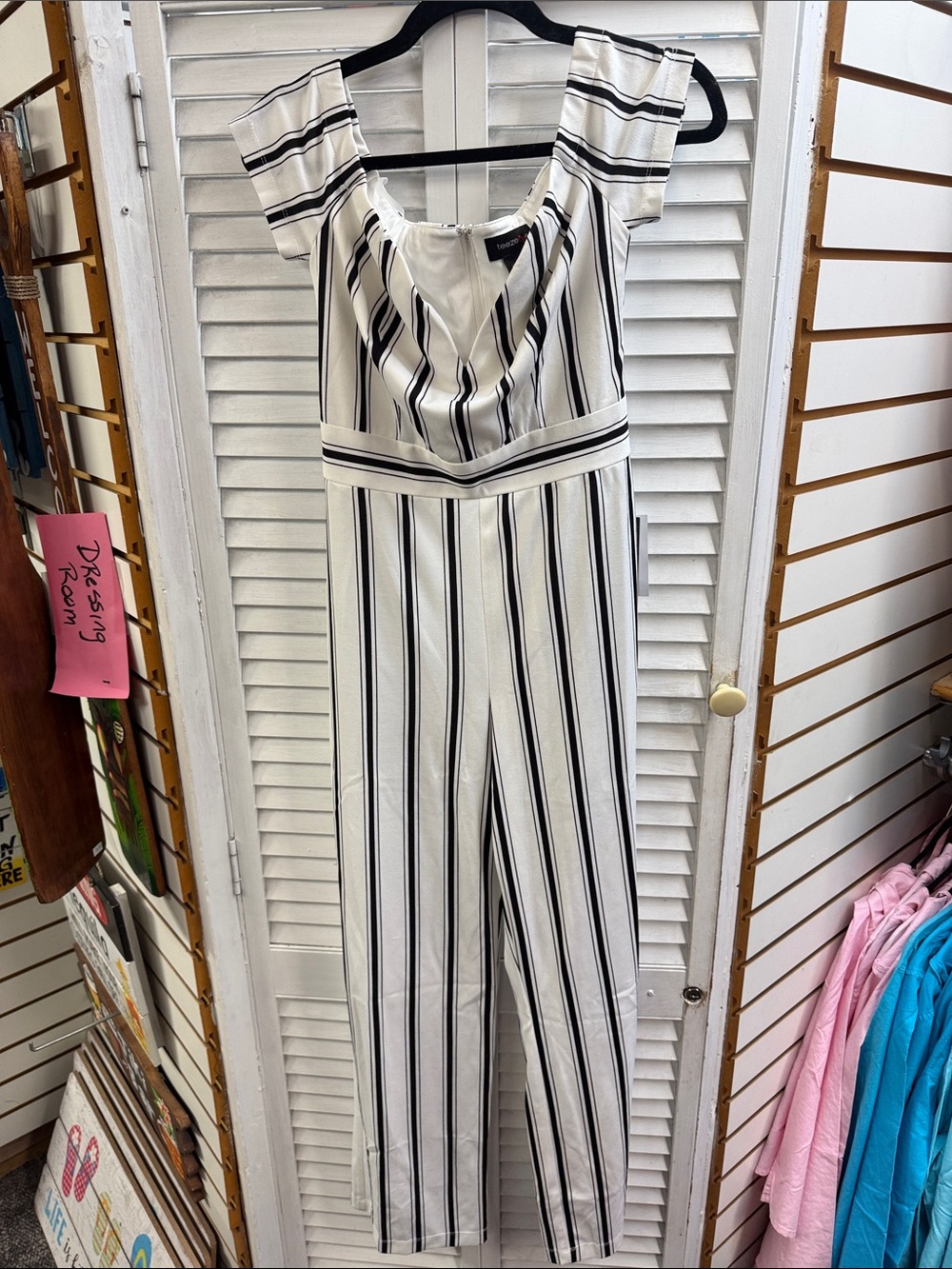 Teeze Me White & Black Striped Cap-Sleeve Jumpsuit
